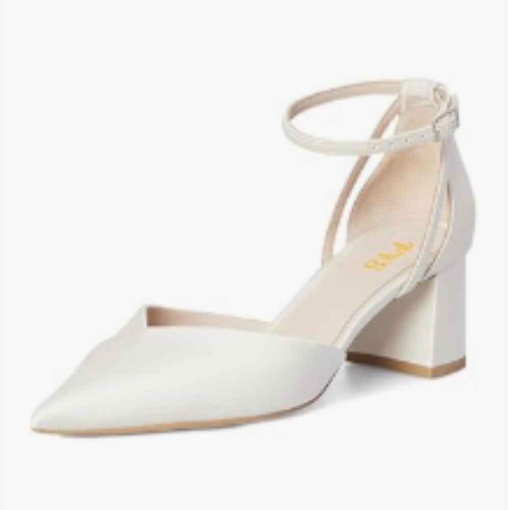 FYS White Pointed Toe Pumps Ankle Strap Chunky Mid Heel D'orsays V Cut Shoes